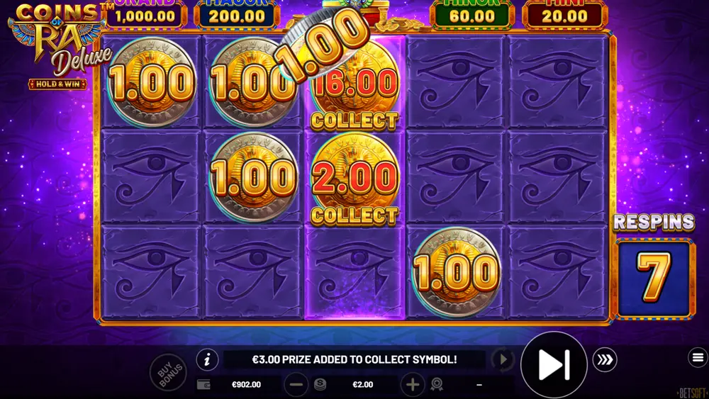 Hold & Win Feature trigger screen with BONUS coins and locked COLLECT symbol in Coins of Ra Deluxe