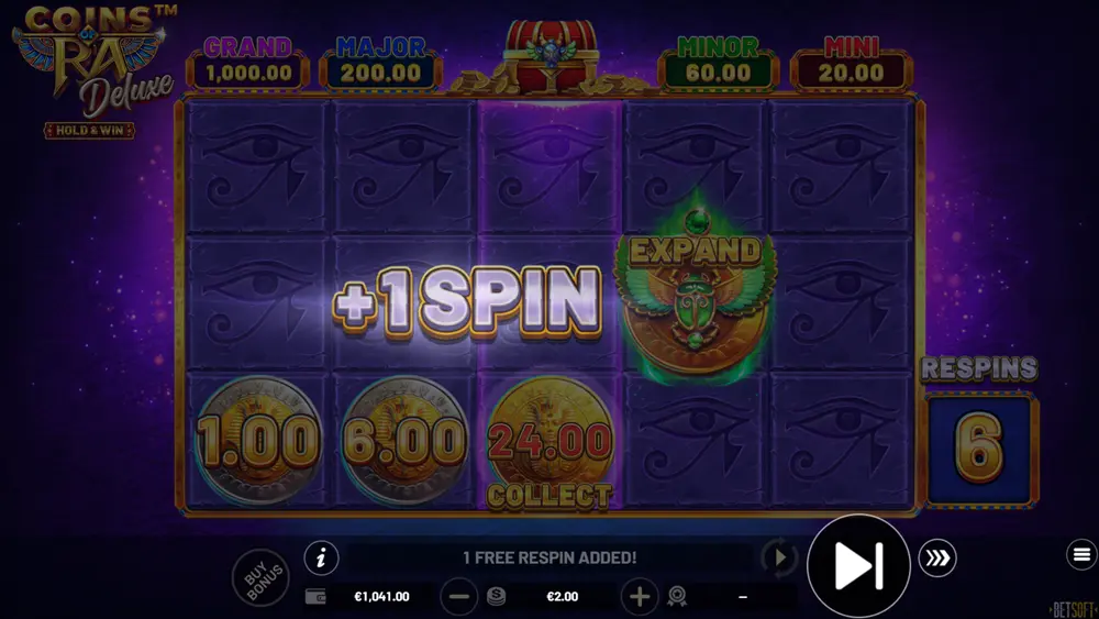 MAJOR coin symbol landing next to two locked COLLECT symbols in Coins of Ra Deluxe Hold and Win