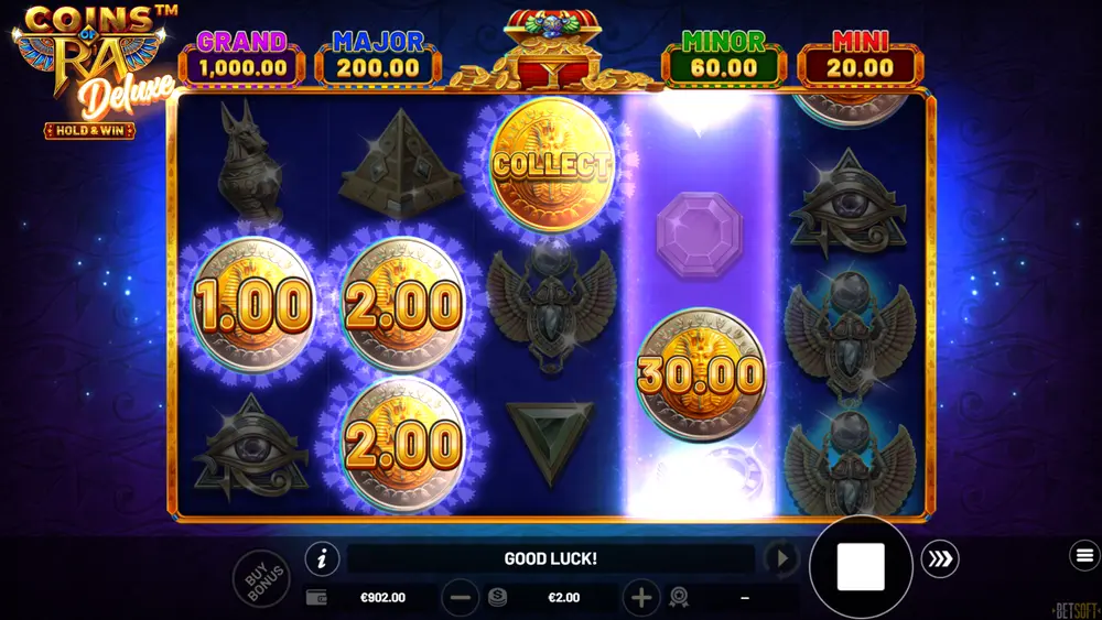 Stacked Mystery Symbol reveal turning multiple reel positions into matching symbols in Coins of Ra Deluxe